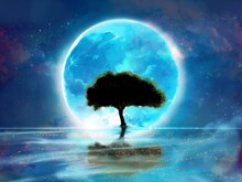 水面に浮かぶ大きな青い満月に照らされた大樹の影のシルエットのファンタジー風景背景イラスト