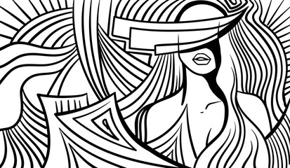 Wall Mural - Black and white psychedelic line art with the abstract woman. Doodles and lines abstract hand-drawn vector art.