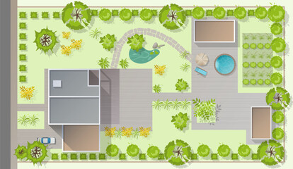 Wall Mural - Top view landscape design plan with house, courtyard, lawn, garage. Highly detailed plan of country with modern cottage of villa with pond, pool. Vector illustration of Cityscape, Map of town, village