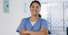 Nurse, Face Or Arms Crossed In Hospital Clinic With Wellness Motivation, Medical Research Trust Or Surgery Planning Motivation. Portrait, Smile Or Happy Healthcare Worker With Confidence In Indonesia