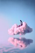 © Uncanny Valley - Pink creative concept under pastel, thick, fluffy, clouds purple pink sky, above the water. Abstract loving gentle landscape illustration. Generative AI.