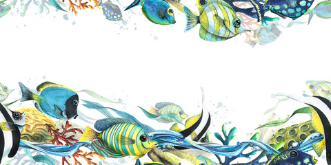 Wall Mural - Animals of the underwater world, coral reefs, waves of water, sea sponges, algae and bright, colorful fish. Watercolor illustration. Seamless border pattern from the TROPICAL FISH collection.