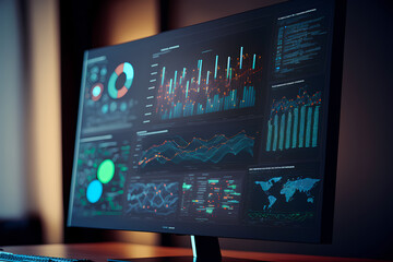 A computer screen displaying multiple financial reports and graphs and pie, representing the idea of data analysis and strategic decision making in business management. Generative AI
