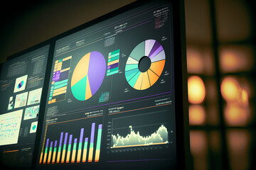 Wall Mural - A computer screen displaying multiple financial reports and graphs and pie, representing the idea of data analysis and strategic decision making in business management. Generative AI