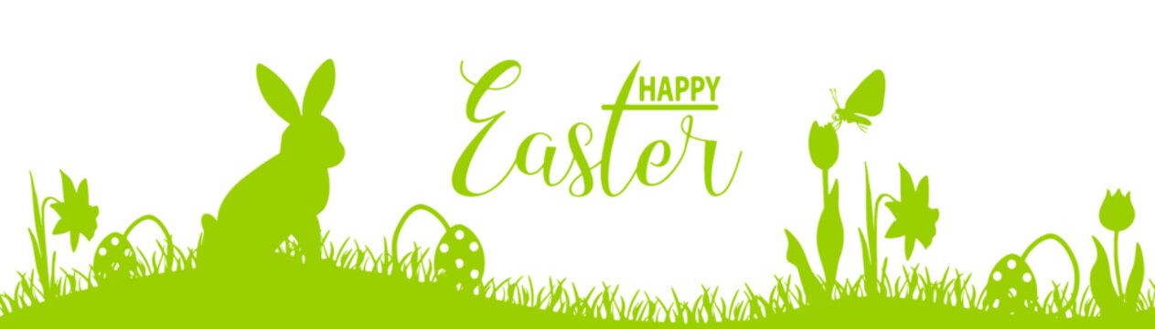 Fototapete - Happy easter holiday background banner panorama vector illustration for logo - Green silhouette of Easter bunny and easter eggs on spring meadow, isolated on white background