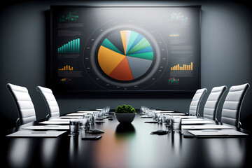 An Elegant and empty meeting boardroom with presentation. A conference table with a big TV screen, representing the idea of teamwork and collaboration in business. corporate business Generative AI 