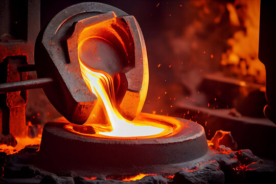 liquid iron molten metal pouring in container, industrial metallurgical factory, foundry cast, heavy