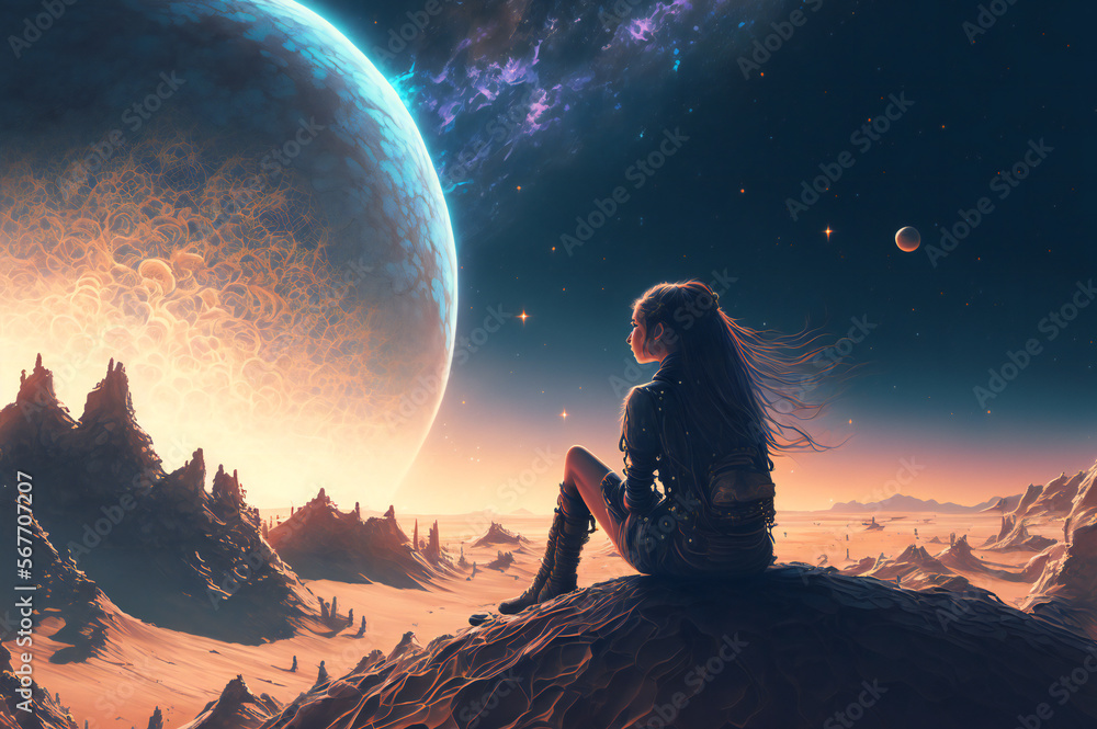 Young girl looking at a giant planet on a sky of an alien desert planet ...