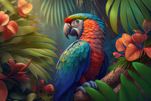 Tropical Rainforest With Macaw Parrot Bird , 3D , Generative AI