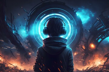 Wall Mural - boy listening to the music when wold is burning