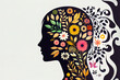 Beautiful Paper cut girl head silhouette cutout with hand drawn spring and flower doodles. Generative Ai