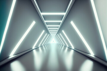 Wall Mural - Futuristic hallway corridor inside spaceship in sci-fi movie . Sublime Generative AI image .