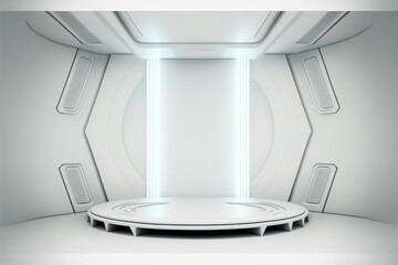 Futuristic stage in a spaceship showroom floor with copy space for product display mock up . White clean background with glowing white wall . Sublime Generative AI image .