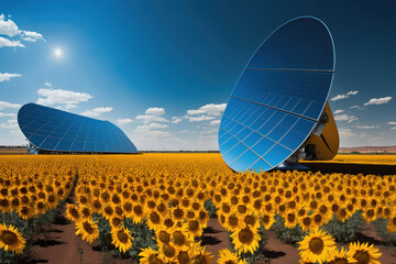 Wall Mural - renewable energy background with photovoltaic energy as big solar panels in sunflowers field. genera
