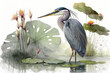 wallpaper Digital drawing of a water heron with lotus plants in the lake Genrative Ai