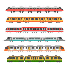 Subway train sides, modern station. Fast rail transport different types side view, locomotives, speed trip in wagons. Colorful isolated elements. Vector flat garish cartoon illustration