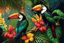 Tropical Forest With Beauriful Colorful Tucan Birds, Exotic Fauna. Generative Ai