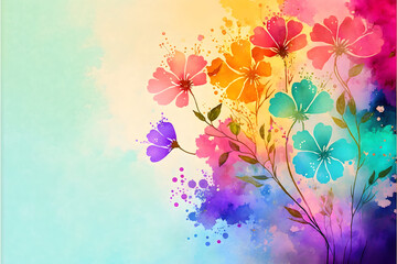 Watercolor floral background with copyspace for text Multicolored flowers drawing. Botanical wallpaper design for spring and summer. Generative AI.