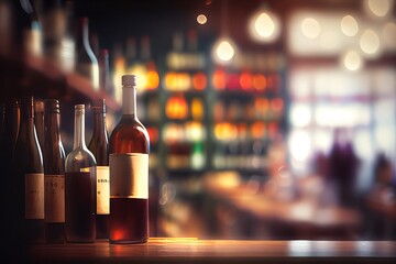 a blurred wine shop with bottles, set on a wooden table with a tech-created background. generative a