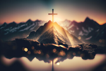 Crucifixion of Jesus Christ - Cross at sunrise on a mountain 