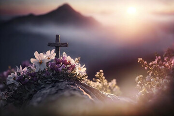 Crucifixion of Jesus Christ - Cross at sunrise on a mountain and a beautiful field of flowers