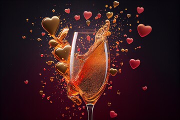 Valentine's Day Champagne with Heart-Shaped Confetti. Generative AI