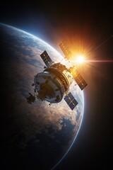 Wall Mural - space satellite orbiting earth at sunrise. 3d rendering - generative ai