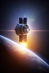 Wall Mural - space satellite orbiting earth at sunrise. 3d rendering - generative ai