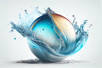 A 3D illustration presents a sphere-shaped water splash isolated on a white background. Generative AI