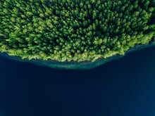 Aerial View Of Blue Water Lake  And Green Summer Woods In Finland.