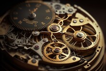 Gears And Cogs In Clockwork Watch Mechanism. Craft And Precision - Elegant Detailed Stainless Steel And Metal. - Generative AI