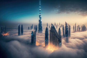 Top of skyscrapers building high above the clouds in the morning sunrise . Futuristic architecture of metropolis city skyline. Peculiar AI generative image.