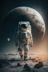 an astronaut walks in his space suit on a distant planet. outer space
