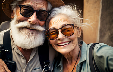 couple of old people travelers tourists make selfie. created with generative ai technology.