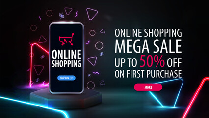 Online shopping, mega sale, black discount banner with offer, smartphone and neon blue and pink triangles lamps around