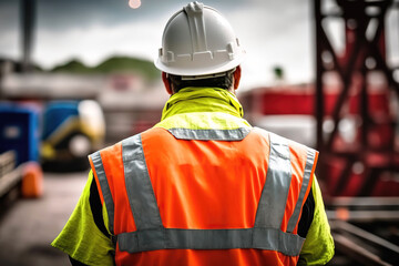 A worker or signaler man is wearied reflective vest uniform with background of construction site, Safety in industrial workplace concept. Generative Ai image.