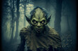 a goblin in a dark forest,scary goblin creature at night in the forest, fairy tale characters, Generative AI