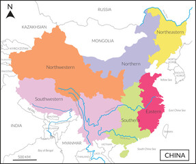  Map of People’s republic of China includes four regions, and Lancang (Mekong) River, Amur river, Yangtze river and countries, Mongolia, Russia, India, Myanmar, Korea and Vietnam
