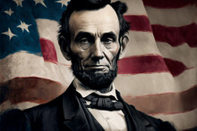 Abraham Lincoln On The Background Of The American Flag. Abraham Lincoln Birthday. Generative AI