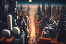 Blurred Miniature Cityscape View From Above With Long Way Road To Horizon, Futuristic Metropolis In Desert Land, Generative Ai