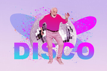 Sticker - Surreal vintage trend collage of man pensioner dancing against huge glitter disco ball advertise disco party poster