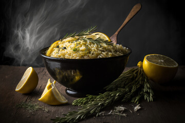 vertical lemon rosemary rice risotto against a dark hardwood background. Generative AI