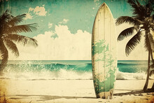 Pastel Surfboards On Tropical Beach. Retro Tone Color Style. Travel Vacation Concept. Generative AI
