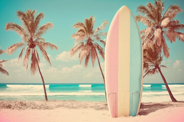 Pastel surfboards on tropical beach. Retro tone color style. Travel vacation concept. Generative AI