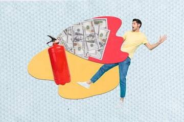 Canvas Print - Collage illustration template of shocked guy fire extinguisher safe security fire with billion hundred dollars