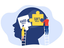 Business Woman And Man Holding Two Pieces Between Hard VS Soft Skills Concept On Big Head Human Idea Development ,Multiple Intelligences Vector Illustration