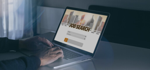 View of man's hands searching job online, Find occupation with laptop. Recruitment, hiring concept.