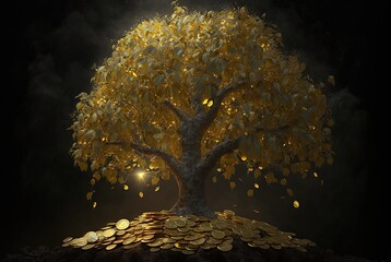 Wall Mural - golden gold coin tree has coins as leaves that fall on ground, idea for limitless income, wealth and prosperity, rich and successful business growth, Generative Ai