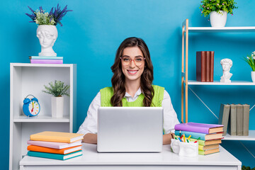 Wall Mural - Photo portrait of young attractive woman confident work netbook online sit workspace room modern office isolated on blue color background