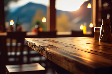 Wooden table top in a mountain restaurant, blurred light bokeh, cafe, bar background. Created with Generative AI technology